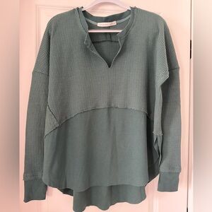 Altar’d State Waffle Knit Long Sleeve Top Sage Green Flowy Hem XS Relaxed Fit